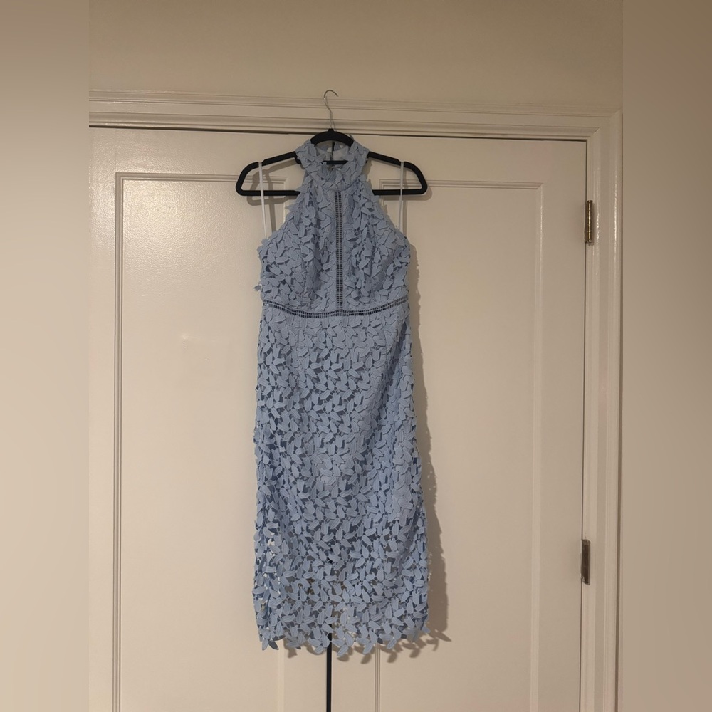 Baby blue lace high neck midis dress